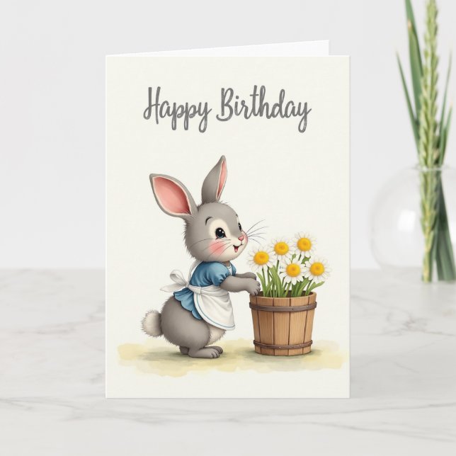 Tarjeta de flores de cumpleaños de conejito (Anverso)