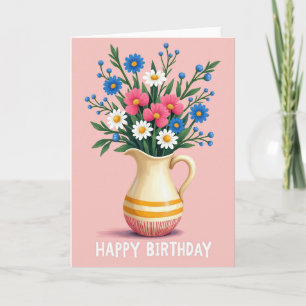Tarjeta de flores de jarra de cumpleaños vibrante