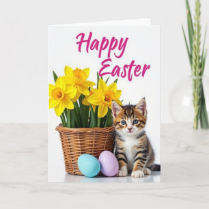 Tarjeta de flores de Pascua de gatito feliz