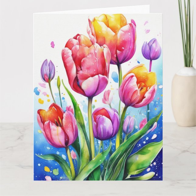 Tarjeta de flores de tulipanes coloridas (Anverso)