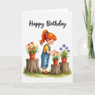 Tarjeta de flores en maceta de cumpleaños alegre