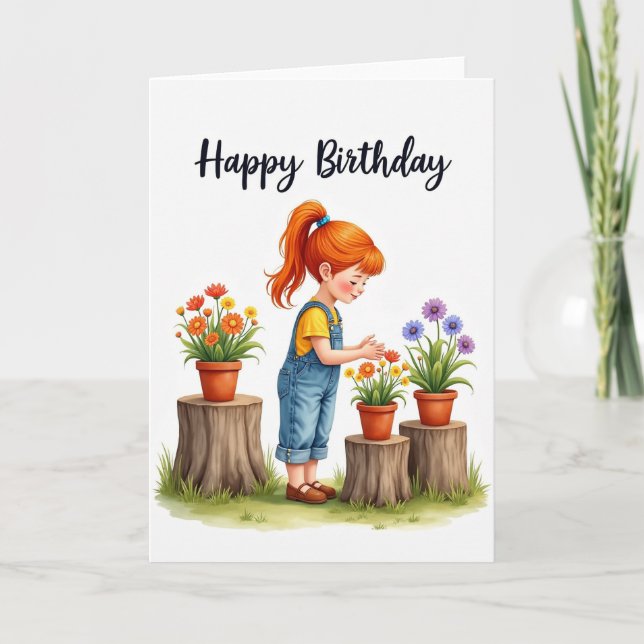 Tarjeta de flores en maceta de cumpleaños alegre (Anverso)