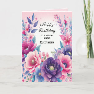 Tarjeta de flores rosadas púrpuras azules brillant