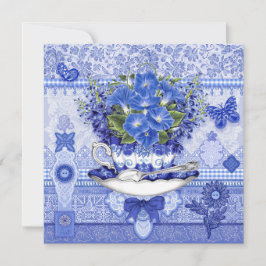 Tarjeta de Flores y Copa de Porcelana Azul