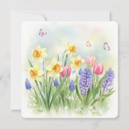 Tarjeta de folletos, tulipanes, jacintos, mariposa