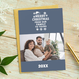 Tarjeta de foto azul blanca de Navidad alegre