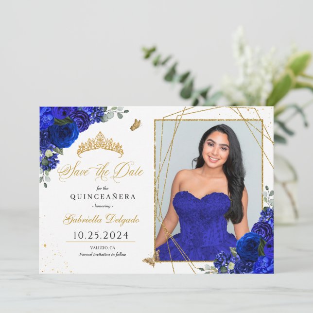 Tarjeta de foto azul real Quinceañera Guardar la f (Anverso de pie)