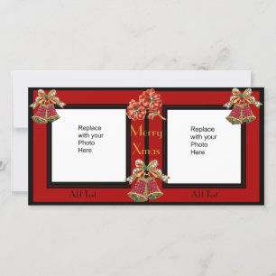 Tarjeta de foto Black Gold Floral Doble Navidad