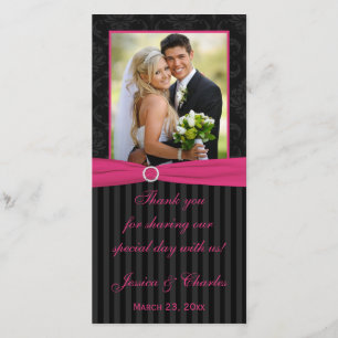 Tarjeta de foto Boda rayada de Damask negro rosa g