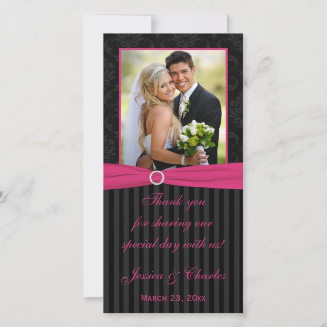 Tarjeta de foto Boda rayada de Damask negro rosa g (Anverso)