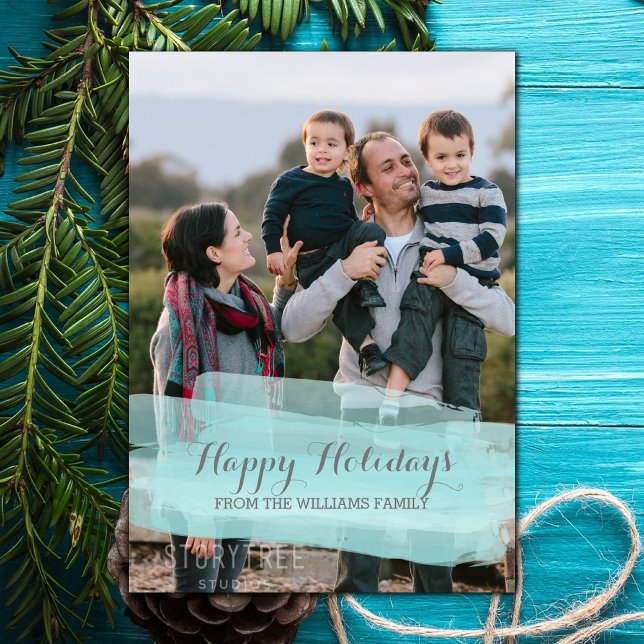 Tarjeta de foto con pincelada de acuarela turquesa (Turquoise Watercolor Brushstroke Holiday Photo Card)