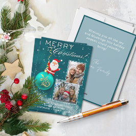 Tarjeta de foto de adorno de Santa de Navidad azul