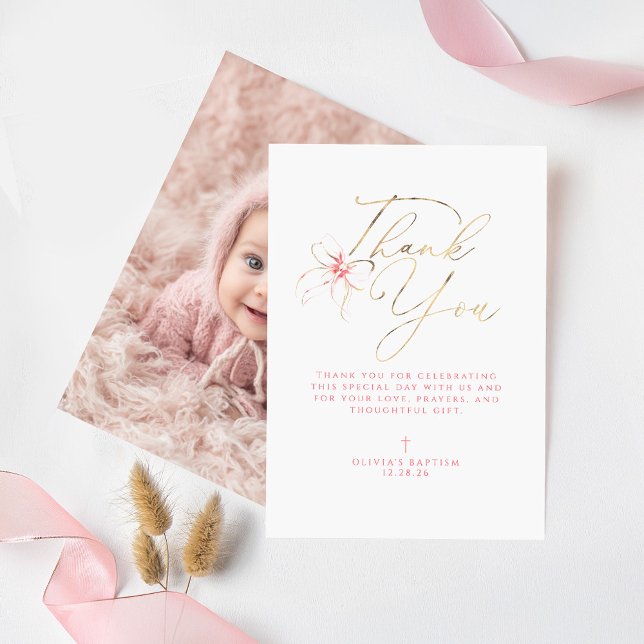 Tarjeta de foto de agradecimiento de bautizo con l (Pink Bow Baptism Thank You Photo Card)