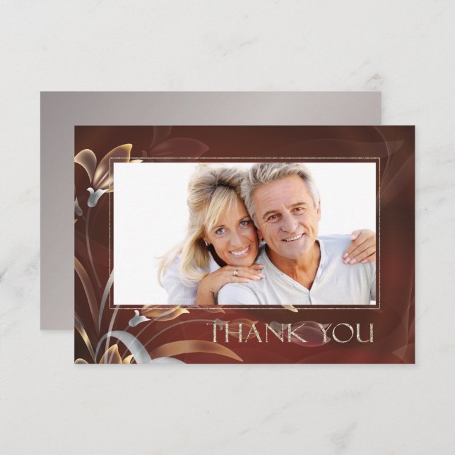 Tarjeta de foto de aniversario de Caoba Floral Gra (Anverso / Reverso)