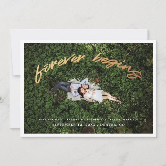 Tarjeta de Foto de Anuncio de Boda | Oro Forever B (Anverso)