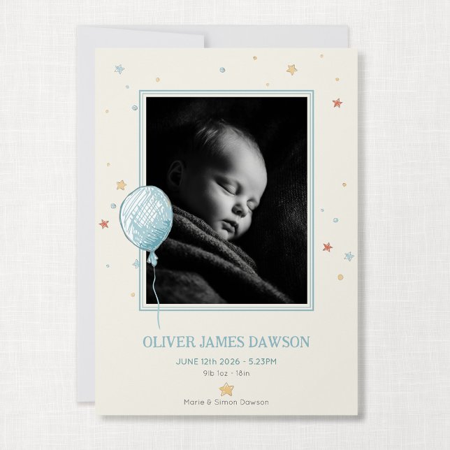 Tarjeta de foto de anuncio de nacimiento Balloon D (Balloon Daydream - New Baby 5x7" Flat Photo Card)