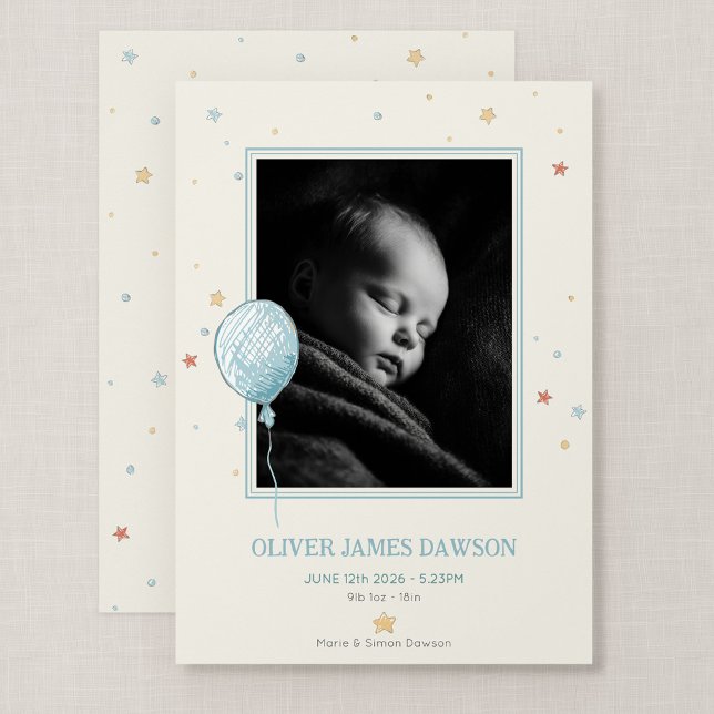 Tarjeta de foto de anuncio de nacimiento Balloon D (Balloon Daydream - New Baby 5x7" Flat Photo Card)