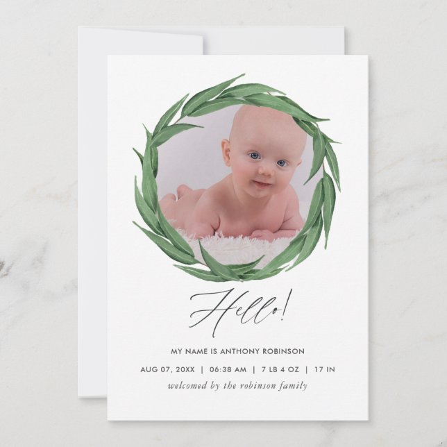 Tarjeta de foto de anuncio de nacimiento con veget (Anverso)
