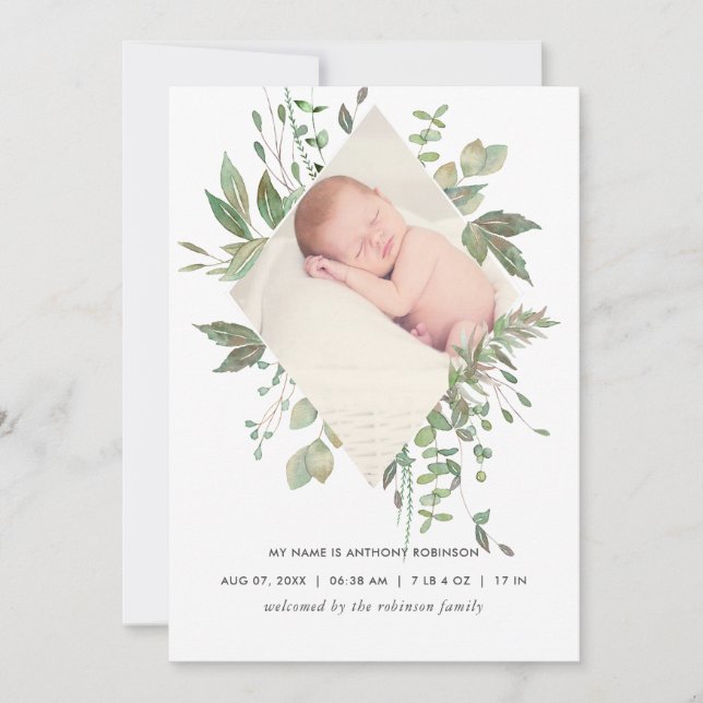 Tarjeta de foto de anuncio de nacimiento con veget (Anverso)
