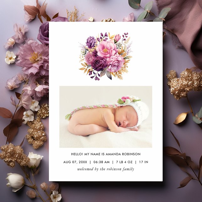 Tarjeta de Foto de Anuncio de Nacimiento Floral Ro (Subido por el creador)