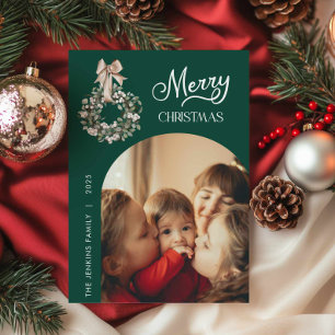 Tarjeta de foto de arco de Navidad verde elegante