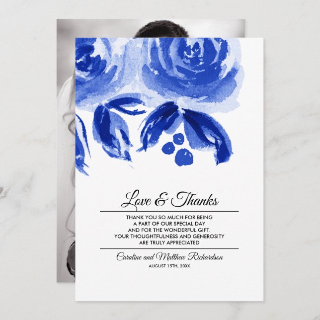 Tarjeta de foto de boda de agradecimiento floral a (Anverso / Reverso)