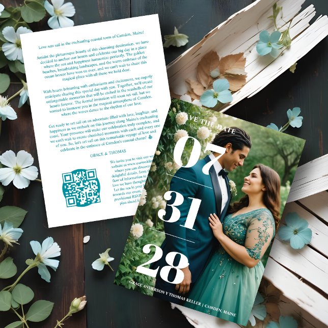 Tarjeta de foto de boda divertida con estilo minim (Minimal Cherish Stylish & Funny Wedding Photo Card Save the Dates Cards with QR Code. )