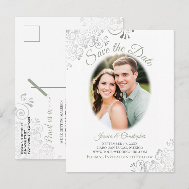 Tarjeta de Foto de Boda Verde Menta con Encaje par (Anverso / Reverso)