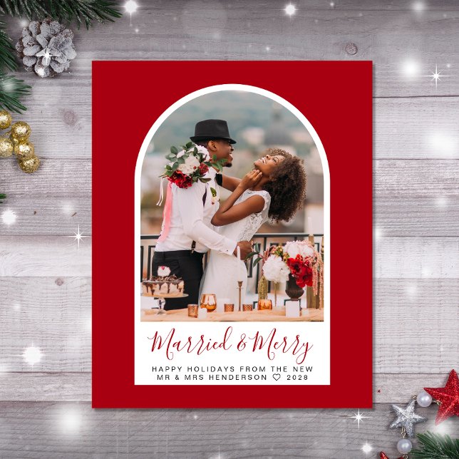Tarjeta de foto de Budget Married Merry Christmas  (A beautiful & unique way to announce your marriage this holiday season)