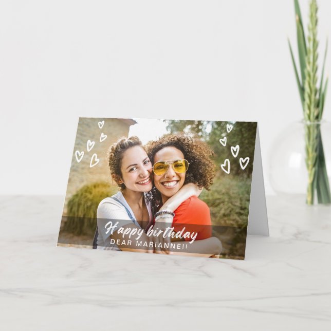 Tarjeta de foto de cumpleaños moderna con corazone (Anverso)