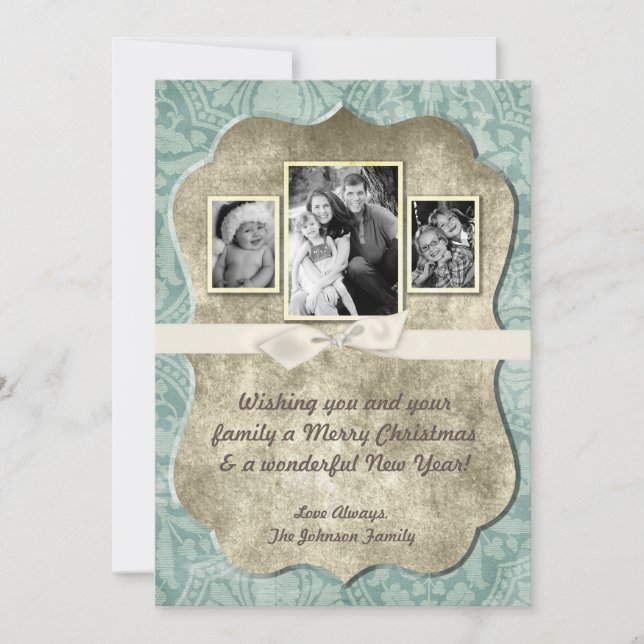 Tarjeta de foto de damasco azul de invierno XMAS p (Anverso)