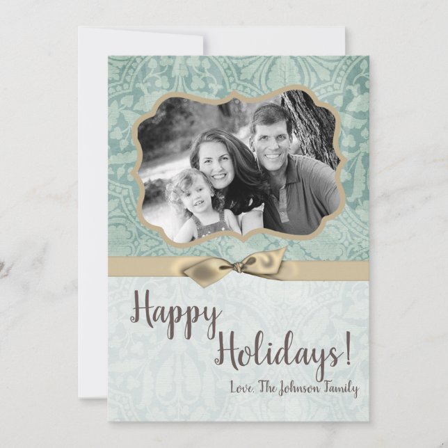 Tarjeta de foto de damasco azul de invierno XMAS p (Anverso)