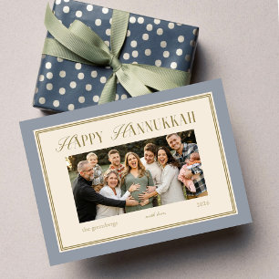 Tarjeta de Foto de Familia de Hanukkah Azul Elegan