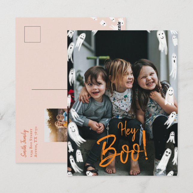 Tarjeta de foto de fantasma de Halloween Hey Boo (Anverso / Reverso)