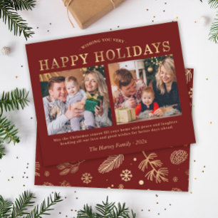 Tarjeta de Foto de Felices Fiestas en Rojo y Dorad