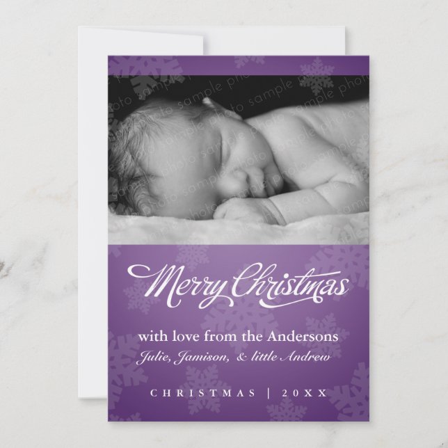Tarjeta de foto de festividad morada con copo de n (Anverso)