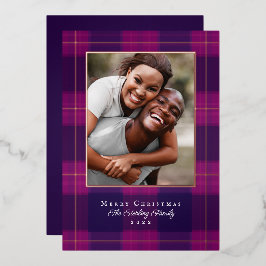 Tarjeta de Foto de Fiesta con Plaid Morado y Foil 