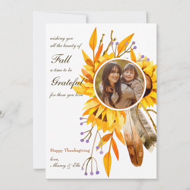 Tarjeta de Foto de Girasoles y Plumas (Anverso)