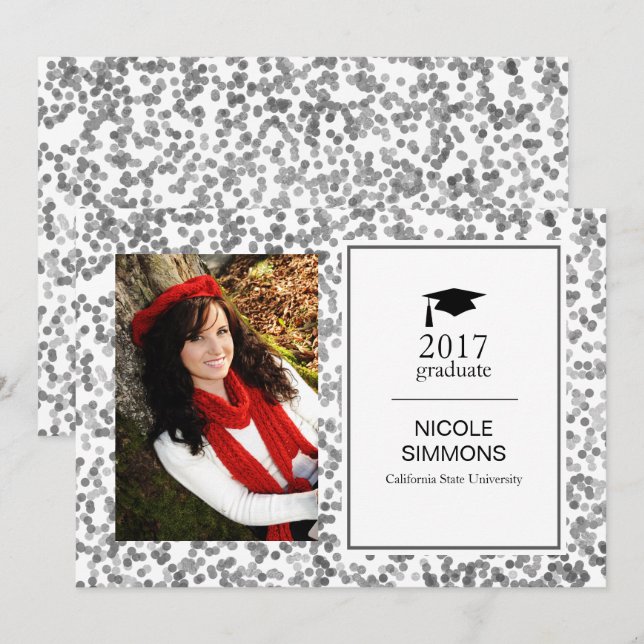 Tarjeta de foto de graduado de Confetti Silver (Anverso / Reverso)