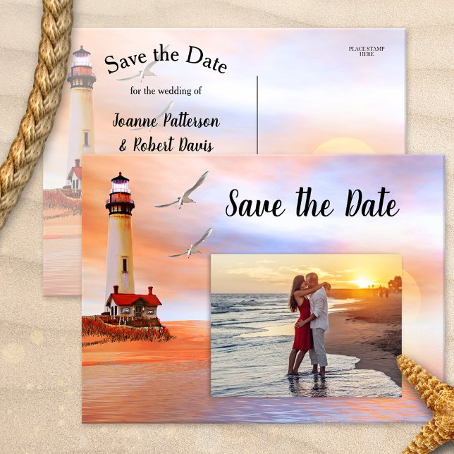 Tarjeta de Foto de Guardar la Fecha de la Playa de (Artistic Save the Date card showing your photo on a painting of a lighthouse at sunset with seagulls)