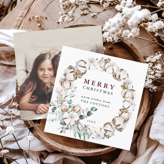 Tarjeta de foto de la flor de algodón Wreath Merry (Front & Back)