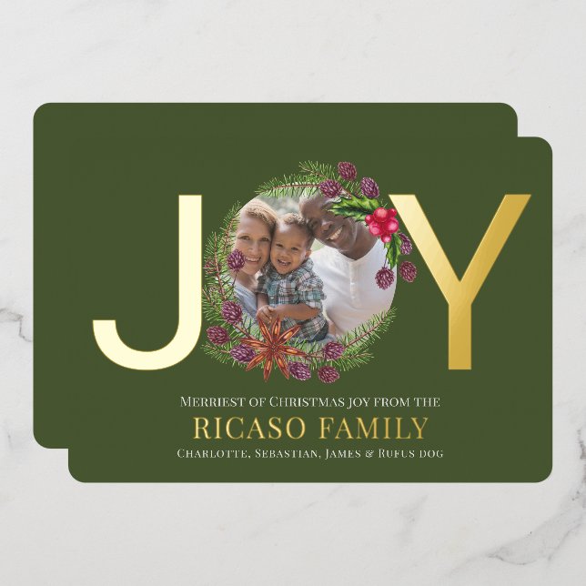 Tarjeta de foto de Merry Christmas Joy Wreath (Anverso/Reverso)