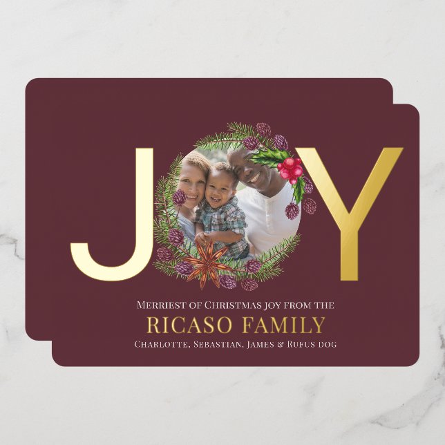 Tarjeta de foto de Merry Christmas Joy Wreath (Anverso/Reverso)