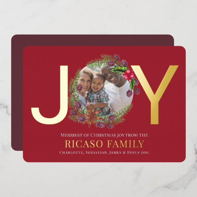 Tarjeta de foto de Merry Christmas Joy Wreath (Anverso/Reverso)