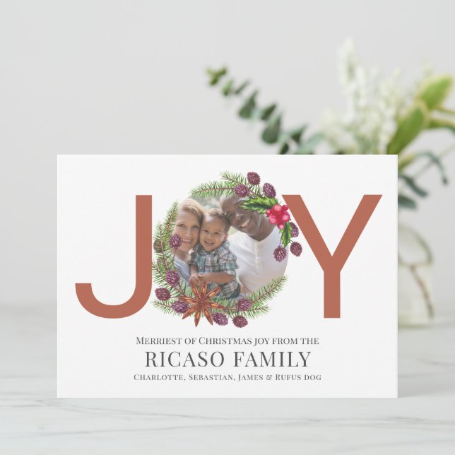 Tarjeta de foto de Merry Christmas Joy Wreath (Anverso de pie)