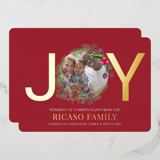 Tarjeta de foto de Merry Christmas Joy Wreath (Anverso/Reverso)