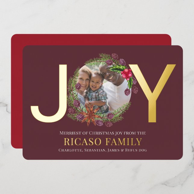 Tarjeta de foto de Merry Christmas Joy Wreath (Anverso/Reverso)