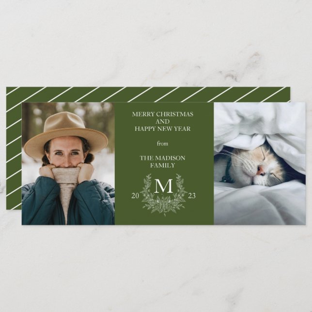 Tarjeta de foto de monograma rústico verde oscuro  (Anverso / Reverso)