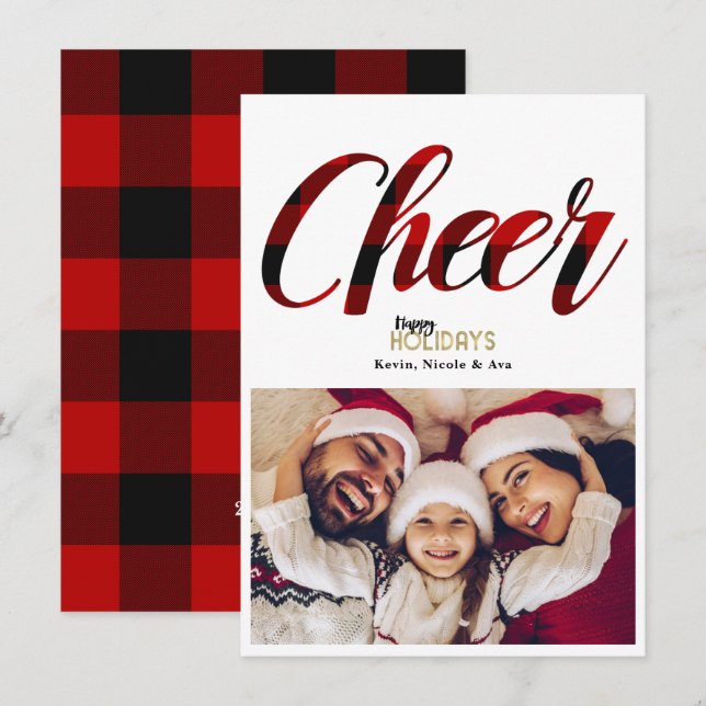 Tarjeta de foto de Navidad a cuadros rojos CHEER (Anverso / Reverso)