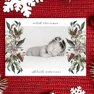 Tarjeta de foto de Navidad alegre floral blanca he